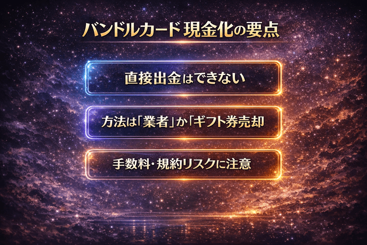 バンドルカード現金化の記事全体の要点を3つに整理した幻想的なまとめ画像