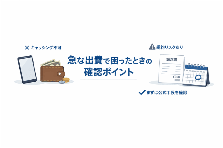 急な出費時に確認すべき点を、キャッシング不可と規約リスクの注意付きで示した図